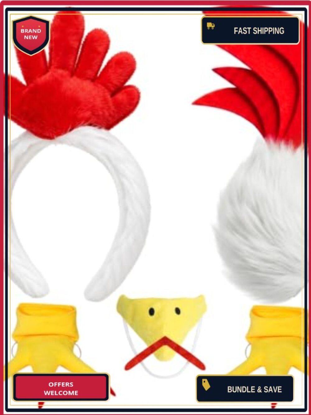 Chicken Rooster Costume Set Adult Headband Tail Beak Plush Feet